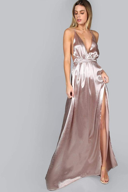 SATIN DEEP VNECK AND OPEN CROSS BACK MAXI DRESS