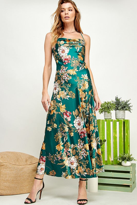 FLORAL PRINT SATIN SLIT OPEN BACK DRESS