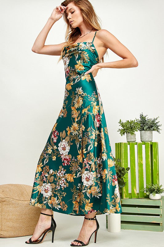 FLORAL PRINT SATIN SLIT OPEN BACK DRESS