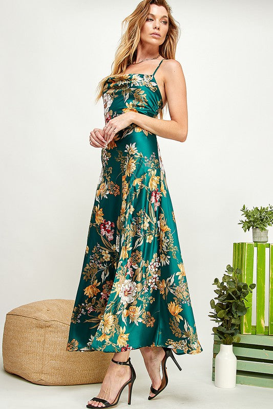 FLORAL PRINT SATIN SLIT OPEN BACK DRESS