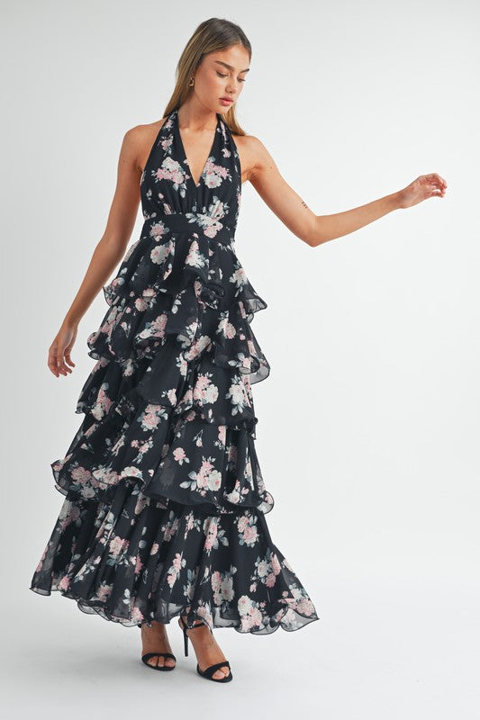 FLORAL PRINT TIERED HALTERNECK FLORAL MAXI DRESS