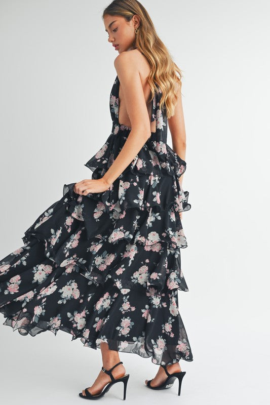 FLORAL PRINT TIERED HALTERNECK FLORAL MAXI DRESS