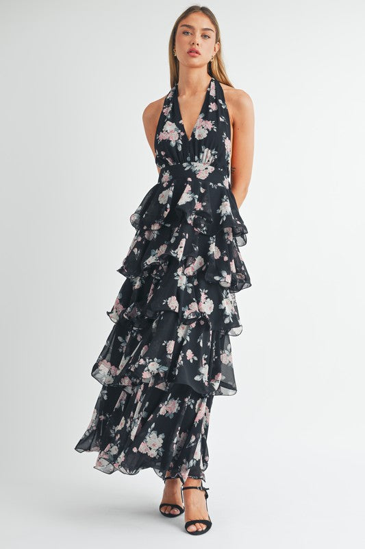 FLORAL PRINT TIERED HALTERNECK FLORAL MAXI DRESS