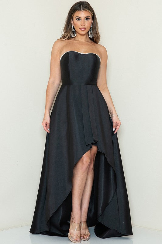 STRAPLESS PEARL DETAIL HIGH LOW DRESS