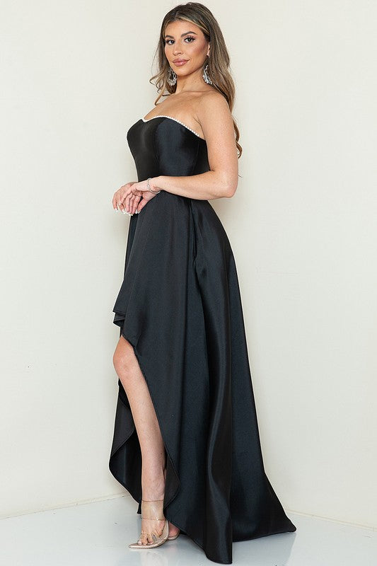 STRAPLESS PEARL DETAIL HIGH LOW DRESS