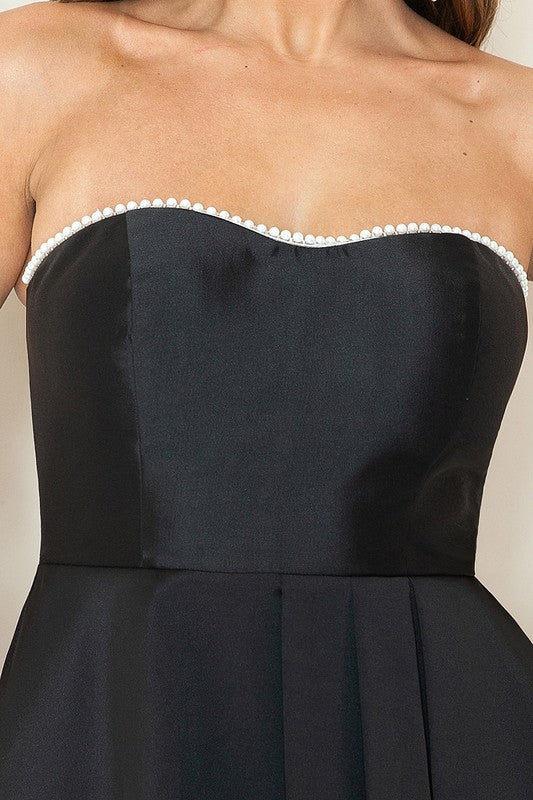 STRAPLESS PEARL DETAIL HIGH LOW DRESS