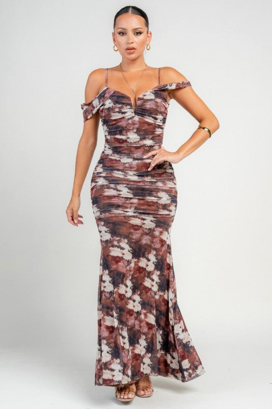 OFF SHOULDER FLORAL RUCHED MAXI DRESS