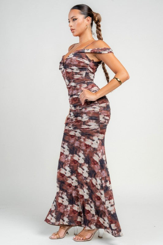 OFF SHOULDER FLORAL RUCHED MAXI DRESS