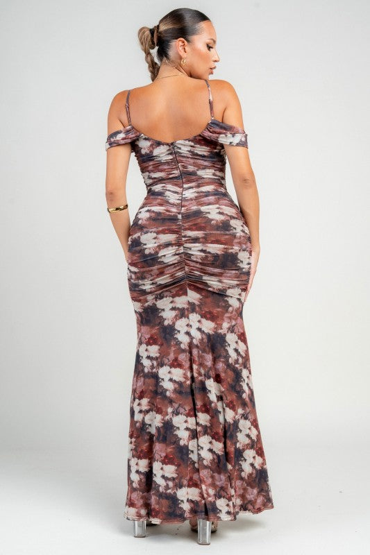 OFF SHOULDER FLORAL RUCHED MAXI DRESS