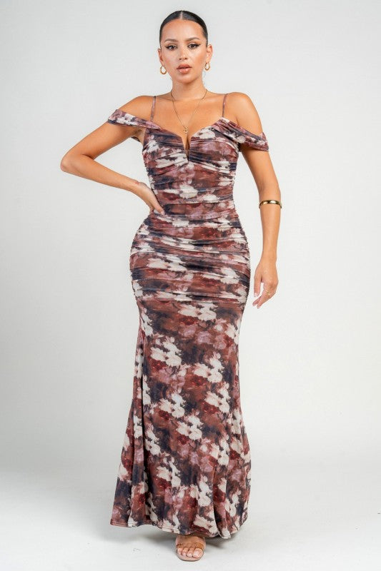OFF SHOULDER FLORAL RUCHED MAXI DRESS