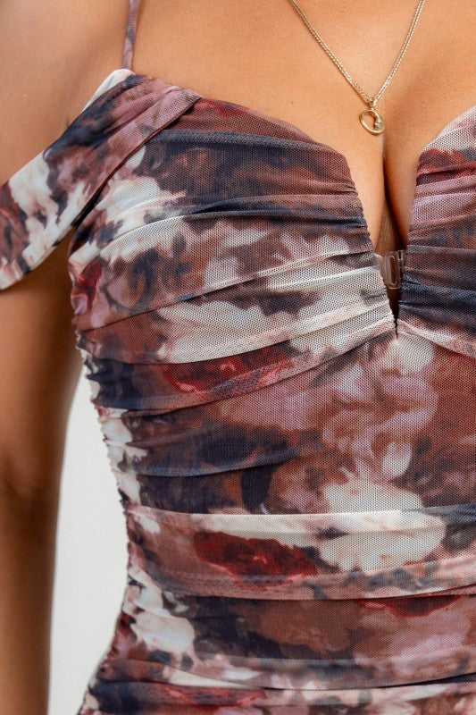 OFF SHOULDER FLORAL RUCHED MAXI DRESS