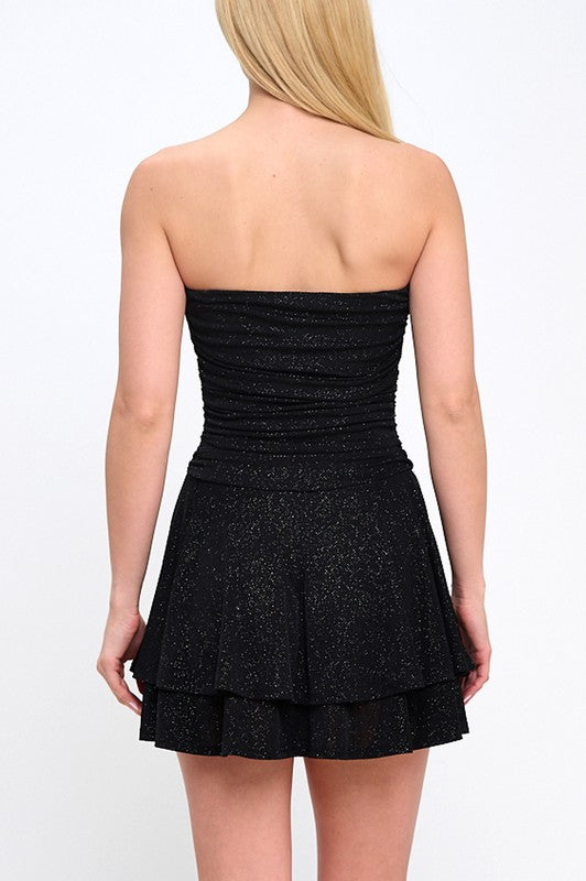 GLITTER TIERED STRAPLESS MINI DRESS
