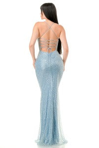 SEQUINED SWEETHEART MESH CORSET MAXI DRESS