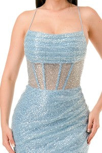 SEQUINED SWEETHEART MESH CORSET MAXI DRESS