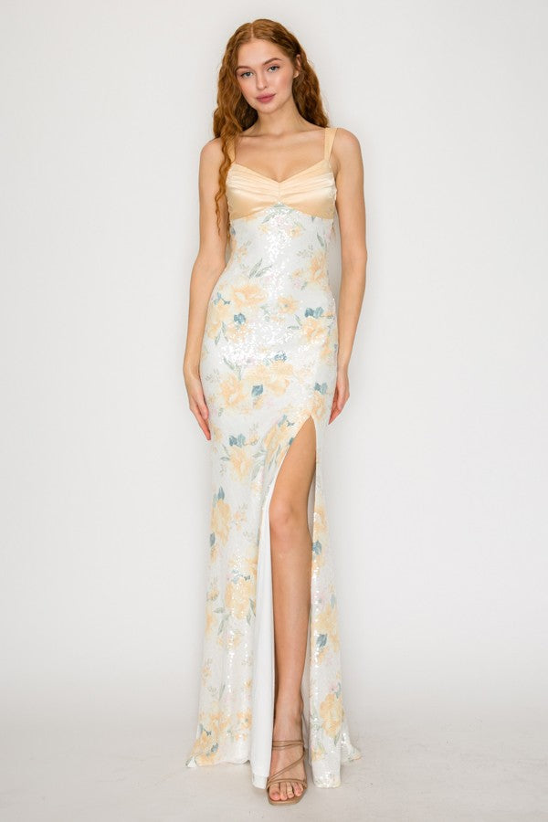 YELLOW FLORAL SEQUIN SATIN MAXI DRESS