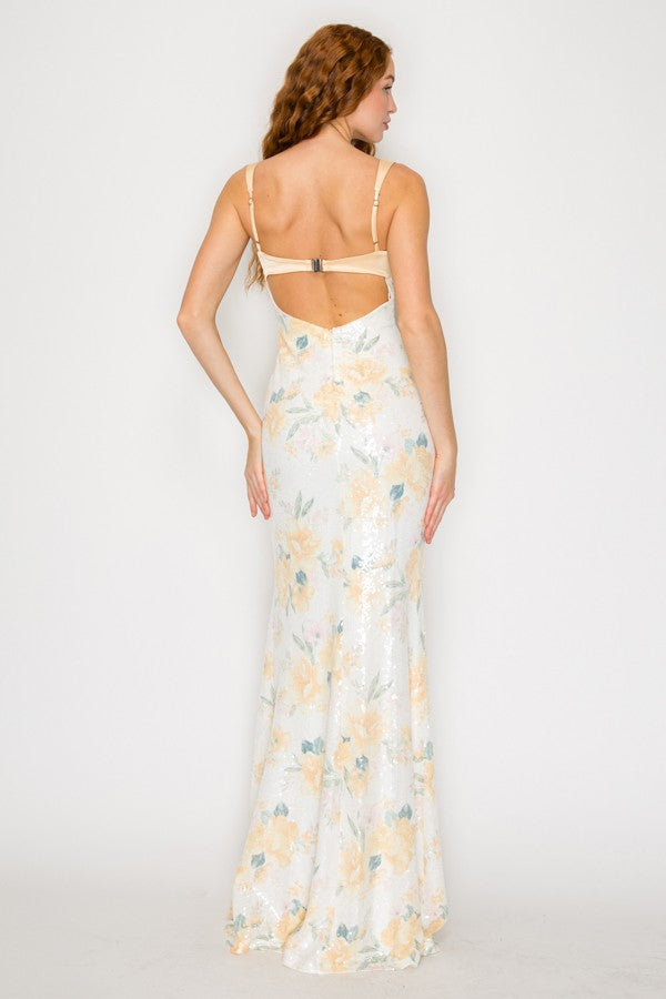 YELLOW FLORAL SEQUIN SATIN MAXI DRESS
