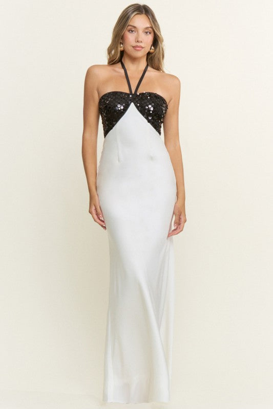 HALTER BLACK AND WHITE MAXI SEQUIN GOWN
