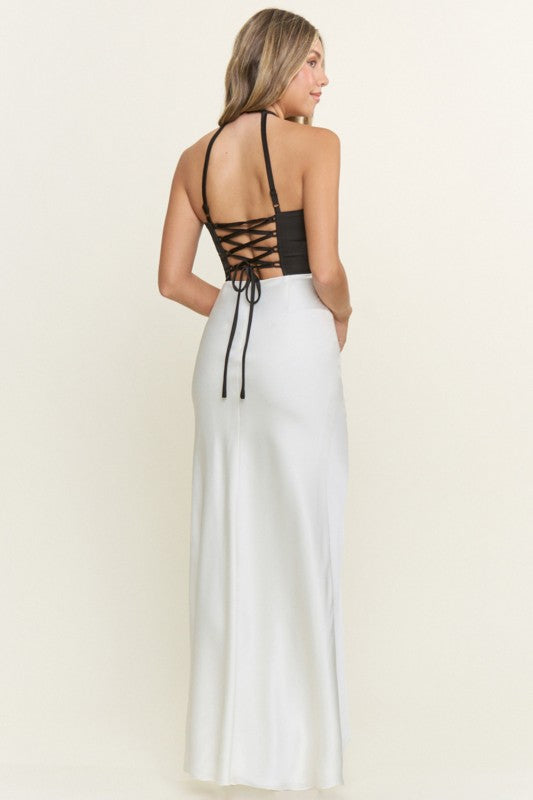 HALTER BLACK AND WHITE MAXI SEQUIN GOWN