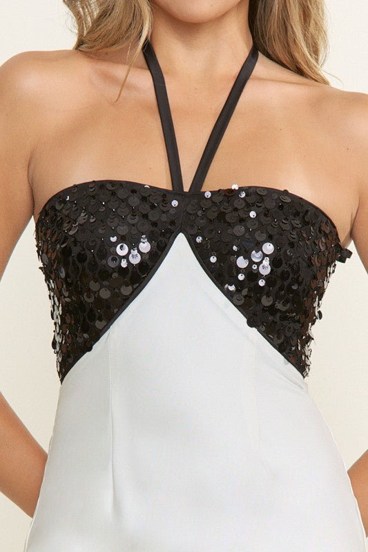 HALTER BLACK AND WHITE MAXI SEQUIN GOWN