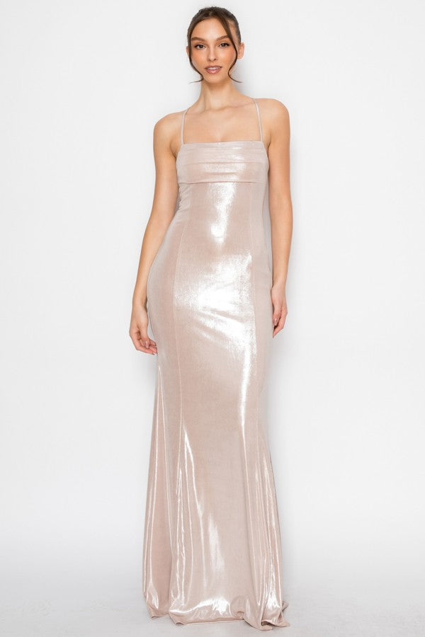 METALLIC CROSS BACK GOWN