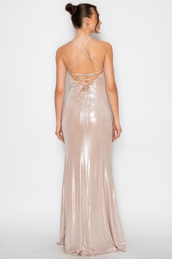 METALLIC CROSS BACK GOWN