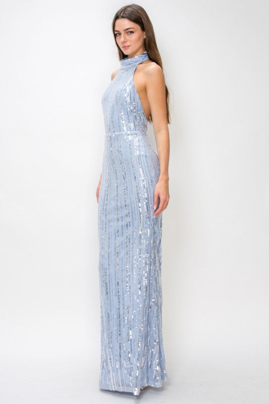 HALTER SEQUIN OPEN BACK MAXI DRESS