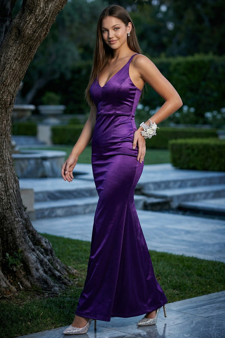 SATIN V-NECK SIMPLE MAXI DRESS L