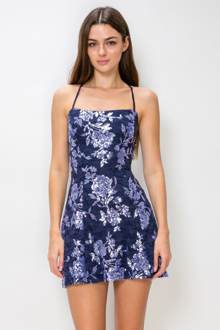 FLORAL SEQUIN LACE UP MINI DRESS