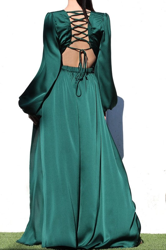 LACE UP SATIN MAXI DRESS