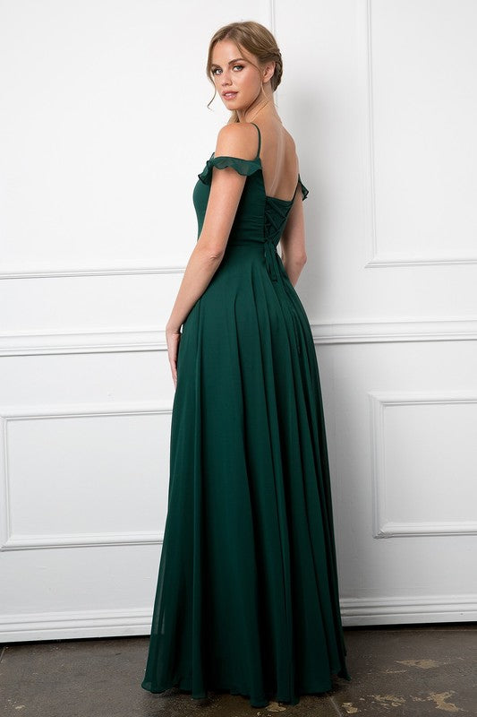FLUTTER SHOULDER CHIFFON GOWN WITH POCKETS