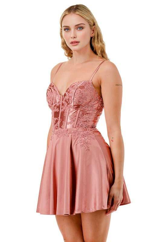 SEQUIN FLORAL EMBROIDERY FLARE MINI DRESS