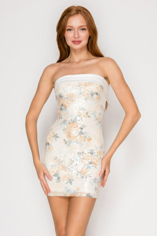 FLORAL SEQUIN RIBBON MINI DRESS