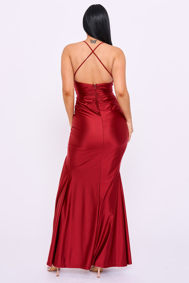 LACE TRIM BUST WITH SATIN CONTRAST MAXI DRESS