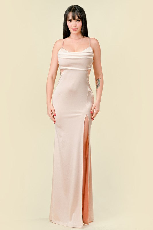 SATIN COWL NECK SLIP ON MERMAID MAXI DRESS