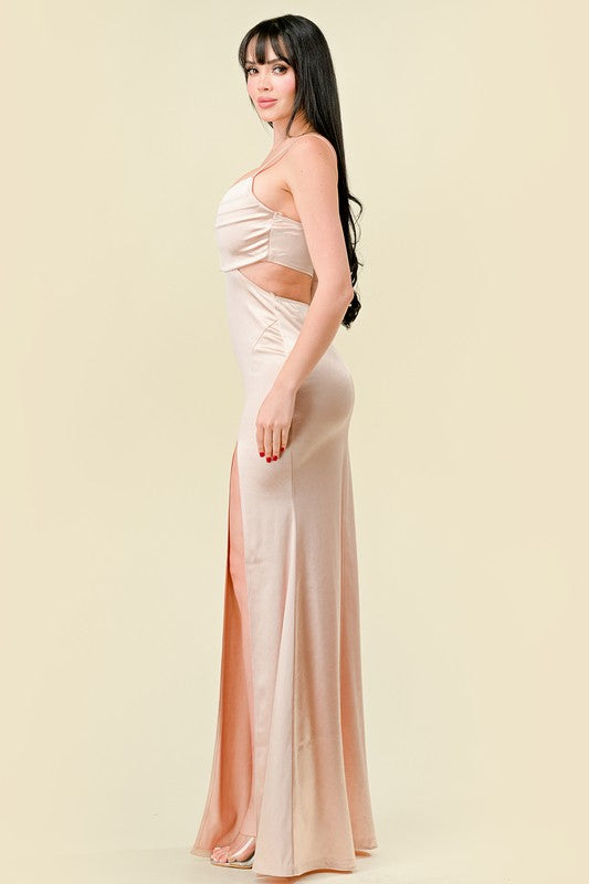 SATIN COWL NECK SLIP ON MERMAID MAXI DRESS