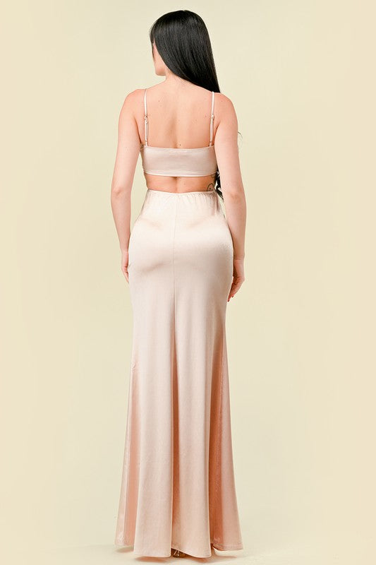SATIN COWL NECK SLIP ON MERMAID MAXI DRESS