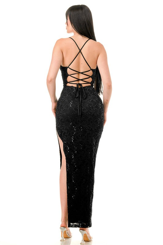 SEQUIN FLORAL LACE HIGH SLIT MAXI DRESS