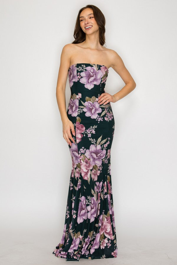STRAPLESS FLORAL MAXI GOWN