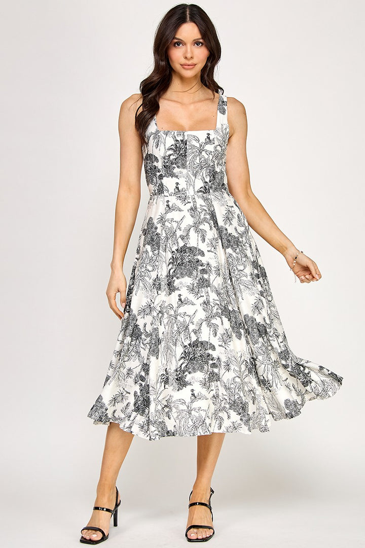 FLORAL SQUARE NECK MIDI WITH POCKETS