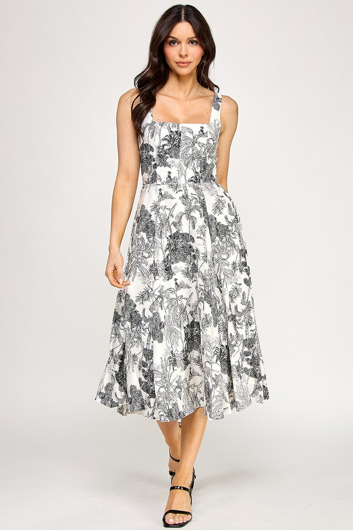 FLORAL SQUARE NECK MIDI WITH POCKETS