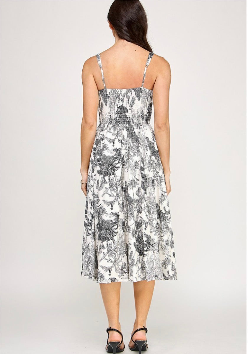 FLORAL SQUARE NECK MIDI WITH POCKETS