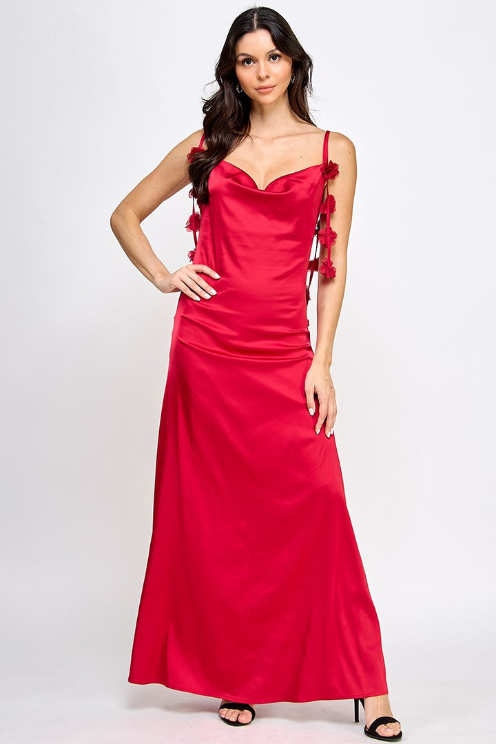 SATIN COWL NECK FLORAL DETAIL MAXI