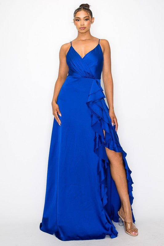 KAYLA RUFFLE DETAIL SATIN MAXI GOWN