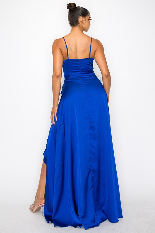 KAYLA RUFFLE DETAIL SATIN MAXI GOWN