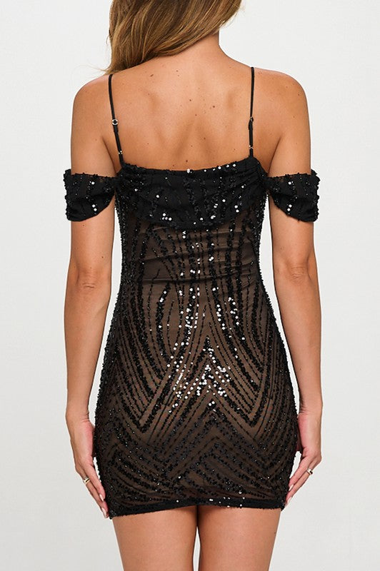 SEQUINS BEADED OFF-THE-SHOULDER MINI DRESS