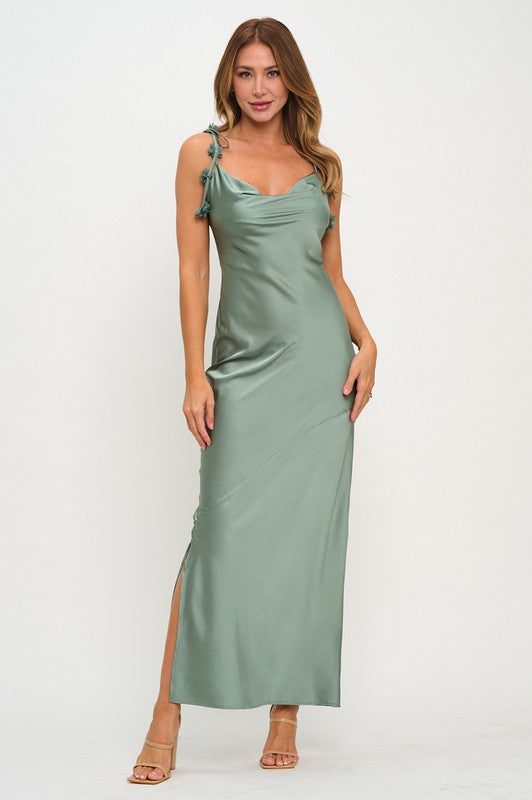 FLOWER STRAP COWL NECK MERMAID MAXI DRESS