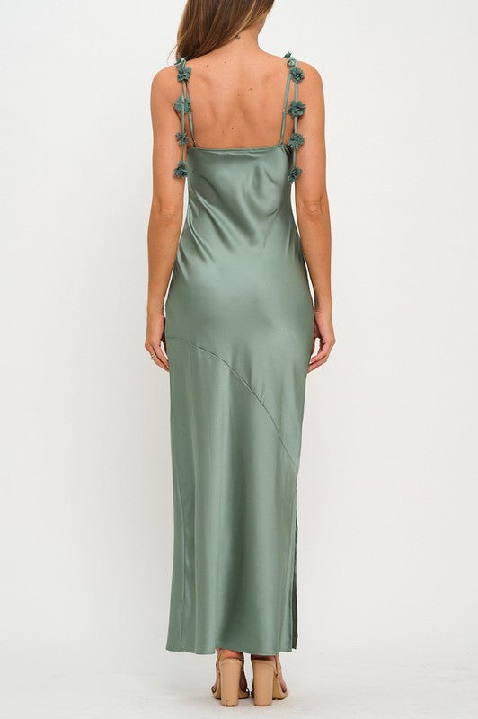 FLOWER STRAP COWL NECK MERMAID MAXI DRESS