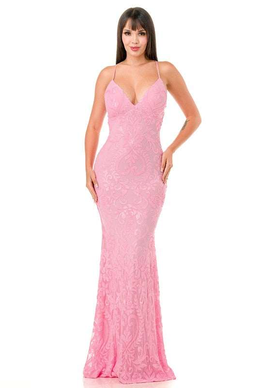 MARIAH SEQUIN V-NECK CROSSED BACK MERMAID MAXI DRESS