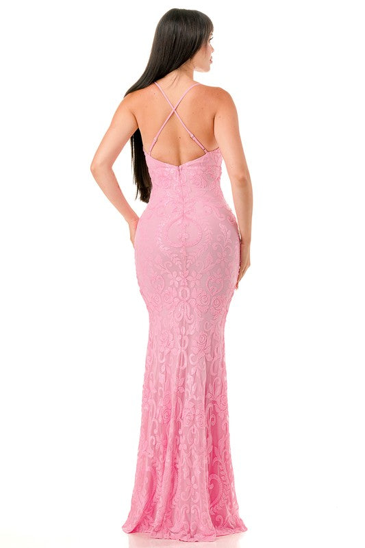 MARIAH SEQUIN V-NECK CROSSED BACK MERMAID MAXI DRESS