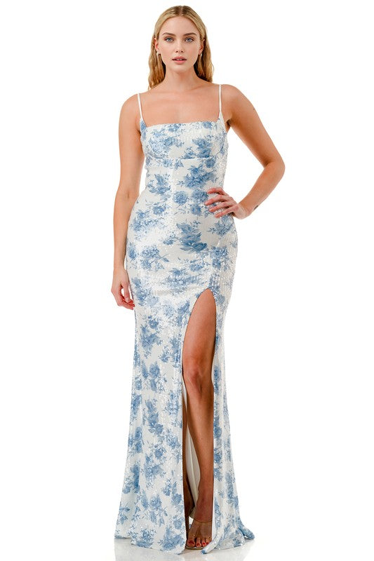SEQUIN FLORAL PRINT CROSS BACK MERMAID MAXI DRESS